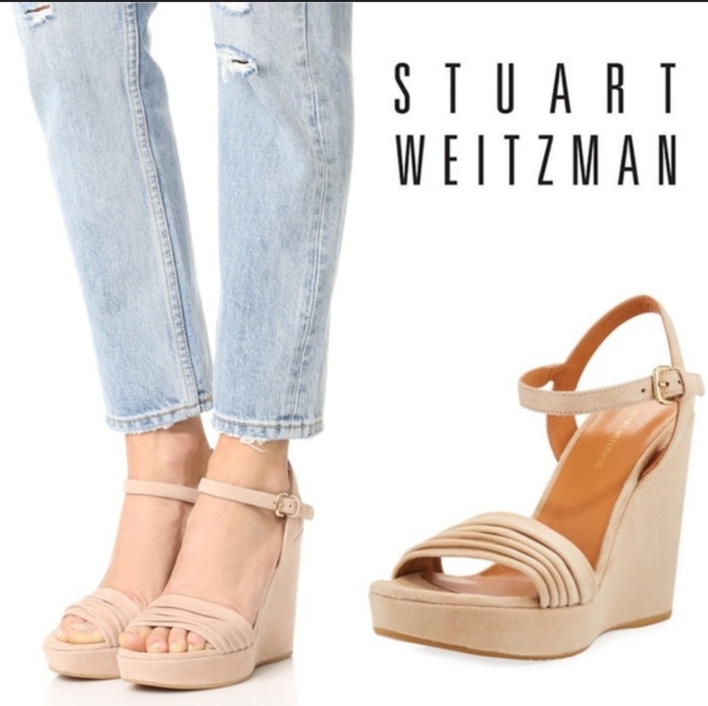 Stuart WeitzmanSundraped Suede Platform Wedge Sandals, Med. Beig - Picture 1 of 11